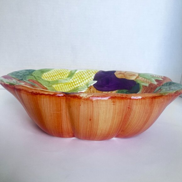 Fall-Themed Ceramic Serving Bowl Hand-Painted Pumpkin Corn & Eggplant Cornucopia - Picture 6 of 9